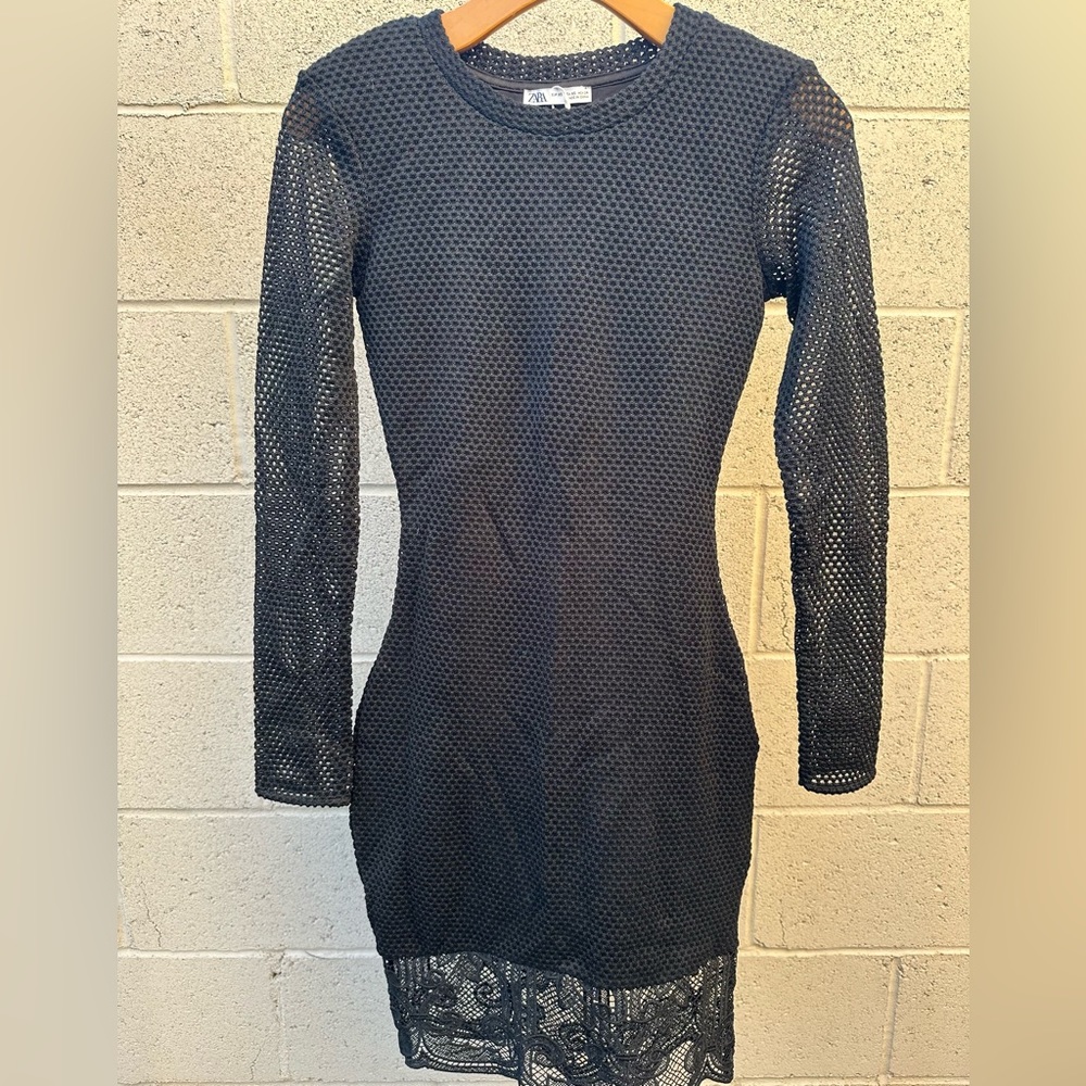 Zara Black Lace Hem Bodycon Sheer Long Sleeve Midi Dress in Black XS